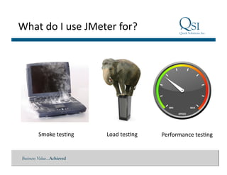 Business Value…Achieved
What	
  do	
  I	
  use	
  JMeter	
  for?	
  
Smoke	
  tes$ng	
   Load	
  tes$ng	
   Performance	
  tes$ng	
  
 