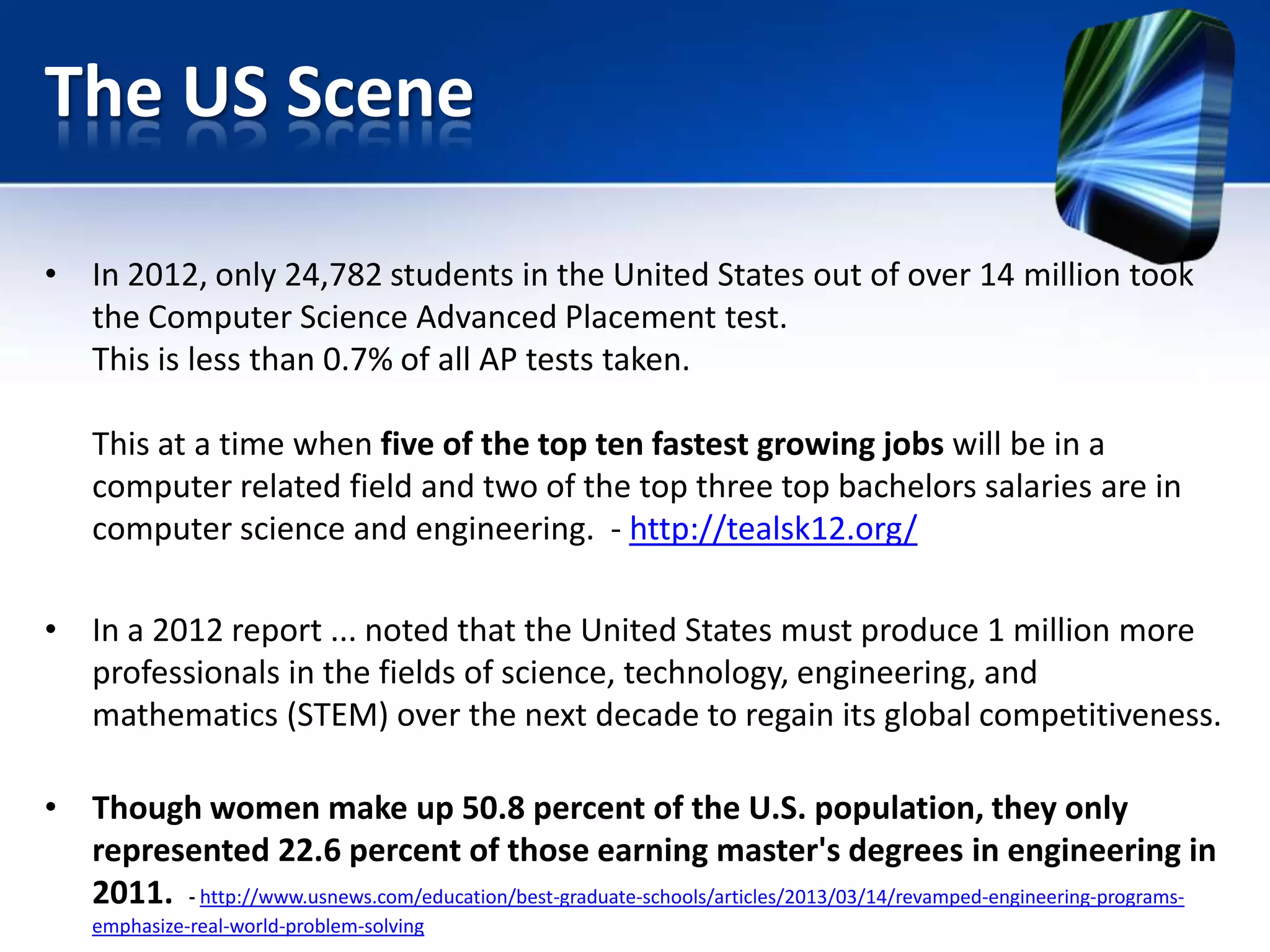 The US Scene
• In 2012, only 24,782 students in the United States out of over 14 million took
the Computer Science Advanced Placement test.
This is less than 0.7% of all AP tests taken.
This at a time when five of the top ten fastest growing jobs will be in a
computer related field and two of the top three top bachelors salaries are in
computer science and engineering. - http://tealsk12.org/
• In a 2012 report ... noted that the United States must produce 1 million more
professionals in the fields of science, technology, engineering, and
mathematics (STEM) over the next decade to regain its global competitiveness.
• Though women make up 50.8 percent of the U.S. population, they only
represented 22.6 percent of those earning master's degrees in engineering in
2011. - http://www.usnews.com/education/best-graduate-schools/articles/2013/03/14/revamped-engineering-programs-
emphasize-real-world-problem-solving
 