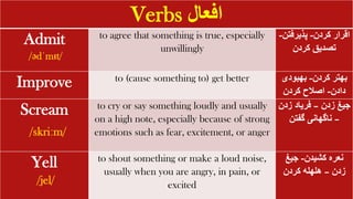 Verbs ‫افعال‬
Admit
/ədˈmɪt/
to agree that something is true, especially
unwillingly
‫کردن‬ ‫اقرار‬
-
‫پذیرفت‬
‫ن‬
-
‫کردن‬ ‫تصدیق‬
Improve to (cause something to) get better ‫کردن‬ ‫بهتر‬
-
‫بهبودی‬
‫دادن‬
-
‫کردن‬ ‫اصالح‬
Scream
/skriːm/
to cry or say something loudly and usually
on a high note, especially because of strong
emotions such as fear, excitement, or anger
‫زدن‬ ‫جیغ‬
–
‫زدن‬ ‫فریاد‬
–
‫گفتن‬ ‫ناگهانی‬
Yell
/jel/
to shout something or make a loud noise,
usually when you are angry, in pain, or
excited
‫کشیدن‬ ‫نعره‬
-
‫جیغ‬
‫زدن‬
–
‫کردن‬ ‫هلهله‬
 