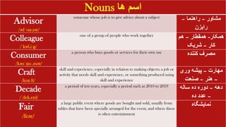 Nouns ‫ها‬ ‫اسم‬
Advisor
/ədˈvaɪ.zər/
someone whose job is to give advice about a subject
‫مشاور‬
–
‫راهنما‬
–
‫رایزن‬
Colleague
/ˈkɒl.iːɡ/
one of a group of people who work together
‫همکار‬
-
‫همقطار‬
–
‫هم‬
‫کار‬
–
‫شریک‬
Consumer
/kənˈsjuː.mər/
a person who buys goods or services for their own use
‫کننده‬ ‫مصرف‬
Craft
/krɑːft/
skill and experience, especially in relation to making objects; a job or
activity that needs skill and experience, or something produced using
skill and experience
‫مهارت‬
–
‫وری‬ ‫پیشه‬
–
‫هنر‬
–
‫صنعت‬
Decade
/ˈdek.eɪd/
a period of ten years, especially a period such as 2010 to 2019
‫دهه‬
–
‫ساله‬ ‫ده‬ ‫دوره‬
–
‫ده‬ ‫عدد‬
Fair
/feər/
a large public event where goods are bought and sold, usually from
tables that have been specially arranged for the event, and where there
is often entertainment
‫نمایشگاه‬
 