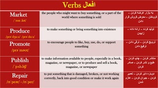 Verbs ‫افعال‬
Market
/ˈmɑː.kɪt/
the people who might want to buy something, or a part of the
world where something is sold
‫کردن‬ ‫عرضه‬ ‫بازار‬ ‫به‬
–
‫فروختن‬
–
‫قرار‬ ‫فروش‬ ‫معرض‬
‫دادن‬
Produce
/prəˈdʒuːs/ /prəˈduːs/
to make something or bring something into existence ‫کرده‬ ‫تولید‬
–
‫داده‬ ‫ارائه‬
–
‫زاییدن‬
Promote
/prəˈməʊt/
to encourage people to like, buy, use, do, or support
something
‫کردن‬ ‫ترویج‬
–
‫دادن‬ ‫ترقی‬
–
‫دادن‬ ‫ترفیع‬
Publish
/ˈpʌb.lɪʃ/
to make information available to people, especially in a book,
magazine, or newspaper, or to produce and sell a book,
magazine, or newspaper
‫کردن‬ ‫منتشر‬
–
‫کردن‬ ‫چاپ‬
–
‫کردن‬ ‫نشر‬ ‫و‬ ‫طبع‬
–
‫صادر‬
‫کردن‬
Repair
/rɪˈpeər/ - /rɪˈper/
to put something that is damaged, broken, or not working
correctly, back into good condition or make it work again
‫کردن‬ ‫دایر‬ ‫دوباره‬
–
‫تعمیر‬
‫کردن‬
–
‫کردن‬ ‫جبران‬
–
‫عازم‬
‫شدن‬
 