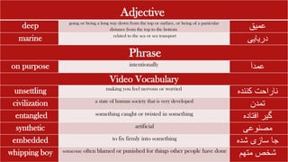 Adjective
deep going or being a long way down from the top or surface, or being of a particular
distance from the top to the bottom ‫عمیق‬
marine related to the sea or sea transport
‫دریایی‬
Phrase
on purpose intentionally
‫عمدا‬
Video Vocabulary
unsettling making you feel nervous or worried
‫ناراحت‬
‫کننده‬
civilization a state of human society that is very developed
‫تمدن‬
entangled something caught or twisted in something
‫افتاده‬ ‫گیر‬
synthetic artificial
‫مصنوعی‬
embedded to fix firmly into something
‫شده‬ ‫سازی‬ ‫جا‬
whipping boy someone often blamed or punished for things other people have done
‫متهم‬ ‫شخص‬
 