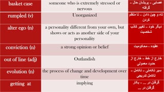 basket case someone who is extremely stressed or
nervous
‫عصابی‬
–
‫حال‬ ‫پریشان‬
–
‫گرفته‬
rumpled (v) Unorganized ‫دادن‬ ‫چین‬ ‫و‬ ‫تاه‬
–
‫منظم‬ ‫نا‬
‫کردن‬
alter ego (n) a personality different from your own, but
shows or acts as another side of your
personality
‫خود‬ ‫دیگر‬
–
‫کاذب‬ ‫تغییر‬
‫شخصیت‬
conviction (n) a strong opinion or belief ‫عقیده‬
-
‫محکومیت‬
out of line (adj) Outlandish ‫خط‬ ‫از‬ ‫خارج‬
–
‫از‬ ‫خارج‬
‫معمولی‬ ‫حدود‬
evolution (n) the process of change and development over
time
‫تکاملی‬ ‫سیر‬
–
‫تکامل‬
–
‫تدریجی‬ ‫تکامل‬
getting at implying ‫در‬ ‫گرفتن‬
...
–
‫بکار‬
‫در‬ ‫گرفتن‬
...
 