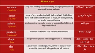 Nouns ‫ها‬ ‫اسم‬
concrete
/ˈkɒŋ.kriːt/
a very hard building material made by mixing together cement,
sand, small stones, and water
‫کانکریت‬
–
‫ذات‬ ‫اسم‬
insect
/ˈɪn.sekt/
a type of very small animal with six legs, a body divided into
three parts and usually two pairs of wings, or, more generally,
any similar very small animal
‫حشره‬
–
‫ریز‬ ‫کرم‬
poison
/ˈpɔɪ.zən/
a substance that can make people or animals ill or kill them if
they eat or drink it
‫زهر‬ ‫یا‬ ‫سم‬
predator
/ˈpred.ə.tər/
an animal that hunts, kills, and eats other animals ‫درنده‬
–
‫یغماگر‬
shape
/ʃeɪp/
the particular physical form or appearance of something ‫دهنده‬ ‫بشکل‬
–
‫بش‬
‫کل‬
‫آورنده‬ ‫در‬
site
/saɪt/
a place where something is, was, or will be built, or where
something happened, is happening, or will happen
‫سایت‬
–
‫محل‬
–
‫مکان‬
–
‫مقر‬
 