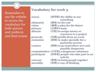 Vocabulary for week 3 
access (使用權) the ability to use 
something 
ultimately (最後) in the end 
vision (憧憬) a plan for the future 
primary (主要的) main 
allocate (分配) to assign money or 
resources to a project 
proceeds (利潤) profits from an event 
customize (客製) to make specially for a 
particular person 
venture (冒險) to go somewhere new and 
possibly dangerous 
contamination (汙染物) a dangerous substance 
participant (參與者) people who take part in an 
activity 
convene (聚集) to bring people together 
mentality (思想) a way of thinking 
Remember to 
use the website 
to review the 
vocabulary for 
both quizzes 
and midterm 
and final exams 
 