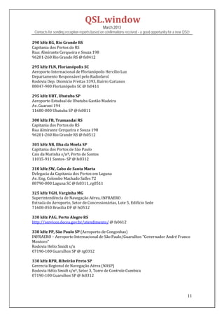 QSL.window	
                                                March 2013
 Contacts for sending reception reports based on confirmations received - a good opportunity for a new QSL!

290	kHz	RG,	Rio	Grande	RS	
Capitania	dos	Portos	do	RS	
Rua:	Almirante	Cerqueira	e	Souza	198	
96201‐260	Rio	Grande	RS	@	fs0412	
	
295	kHz	FLN,	Florianópolis	SC	
Aeroporto	Internacional	de	Florianópolis	Hercílio	Luz	
Departamento	Responsável	pelo	Radiofarol	
Rodovia	Dep.	Diomício	Freitas	3393,	Bairro	Carianos	
88047‐900	Florianópolis	SC	@	fs0411	
	
295	kHz	UBT,	Ubatuba	SP	
Aeroporto	Estadual	de	Ubatuba	Gastão	Madeira	
Av.	Guarani	194	
11680‐000	Ubatuba	SP	@	fs0811	
	
300	kHz	FB,	Tramandaí	RS	
Capitania	dos	Portos	do	RS	
Rua	Almirante	Cerqueira	e	Souza	198	
96201‐260	Rio	Grande	RS	@	fs0512	
	
305	kHz	NR,	Ilha	da	Moela	SP	
Capitania	dos	Portos	de	São	Paulo	
Cais	da	Marinha	s/nº,	Porto	de	Santos	
11015‐911	Santos‐	SP	@	fs0312	
	
310	kHz	SW,	Cabo	de	Santa	Marta	
Delegacia	da	Capitania	dos	Portos	em	Laguna	
Av.	Eng.	Colombo	Machado	Salles	72	
88790‐000	Laguna	SC	@	fs0311,	rg0511	
		
325	kHz	VGH,	Varginha	MG	
Superintendência	de	Navegação	Aérea,	INFRAERO	
Estrada	do	Aeroporto,	Setor	de	Concessionárias,	Lote	5,	Edifício	Sede	
71608‐050	Brasília	DF	@	fs0512	
	
330	kHz	PAG,	Porto	Alegre	RS	
http://servicos.decea.gov.br/atendimento/	@	fs0612		
	
330	kHz	PP,	São	Paulo	SP	(Aeroporto	de	Congonhas)	
INFRAERO	–	Aeroporto	Internacional	de	São	Paulo/Guarulhos	“Governador	André	Franco	
Montoro”	
Rodovia	Helio	Smidt	s/n	
07190‐100	Guarulhos	SP	@	rg0312	
	
330	kHz	RPR,	Ribeirão	Preto	SP	
Gerencia	Regional	de	Navegação	Aérea	(NASP)	
Rodovia	Hélio	Smidt	s/nº,	Setor	3,	Torre	de	Controle	Cumbica	
07190‐100	Guarulhos	SP	@	fs0312	
	
	

                                                                                                         11
 
