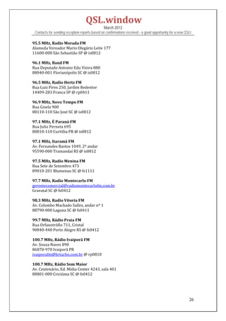 QSL.window	
                                                March 2013
 Contacts for sending reception reports based on confirmations received - a good opportunity for a new QSL!

95.5	MHz,	Radio	Morada	FM	
Alameda	Vereador	Mario	Olegário	Leite	177	
11600‐000	São	Sebastião	SP	@	is0812	
	
96.1	MHz,	Band	FM	
Rua	Deputado	Antonio	Edu	Vieira	880	
88040‐001	Florianópolis	SC	@	is0812	
	
96.5	MHz,	Radio	Hertz	FM	
Rua	Luiz	Pires	250,	Jardim	Redentor	
14409‐283	Franca	SP	@	rp0411	
	
96.9	MHz,	Novo	Tempo	FM	
Rua	Gisela	900	
88110‐110	São	José	SC	@	is0812	
	
97.1	MHz,	É	Paraná	FM	
Rua	Julio	Perneta	695	
80810‐110	Curitiba	PR	@	is0812	
	
97.1	MHz,	Itaramã	FM	
Av.	Fernandes	Bastos	1049,	2º	andar	
95590‐000	Tramandaí	RS	@	is0812	
	
97.5	MHz,	Radio	Menina	FM	
Rua	Sete	de	Setembro	473	
89010‐201	Blumenau	SC	@	fs1111	
	
97.7	MHz,	Radio	Montecarlo	FM	
gerentecomercial@radiomontecarlofm.com.br	
Gravatal	SC	@	fs0412	
	
98.3	MHz,	Radio	Vitoria	FM	
Av.	Colombo	Machado	Salles,	andar	nº	1	
88790‐000	Laguna	SC	@	fs0411	
	
99.7	MHz,	Rádio	Praia	FM	
Rua	Orfanotrófio	711,	Cristal	
90840‐440	Porto	Alegre	RS	@	fs0412	
	
100.7	MHz,	Rádio	Ivaiporã	FM	
Av.	Souza	Naves	890	
86870‐970	Ivaiporã	PR	
ivaiporafm@brturbo.com.br	@	rp0810	
	
100.7	MHz,	Rádio	Som	Maior	
Av.	Centenário,	Ed.	Mídia	Center	4243,	sala	401	
88801‐000	Criciúma	SC	@	fs0412	
	
	
	

                                                                                                         26
 