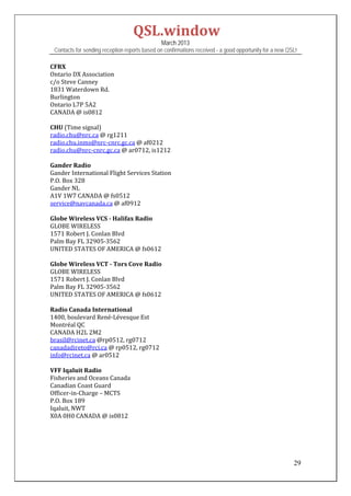 QSL.window	
                                                March 2013
 Contacts for sending reception reports based on confirmations received - a good opportunity for a new QSL!

CFRX	
Ontario	DX	Association	
c/o	Steve	Canney	
1831	Waterdown	Rd.	
Burlington	
Ontario	L7P	5A2	
CANADA	@	is0812	
	
CHU	(Time	signal)	
radio.chu@nrc.ca	@	rg1211	
radio.chu.inms@nrc‐cnrc.gc.ca	@	af0212	
radio.chu@nrc‐cnrc.gc.ca	@	ar0712,	is1212	
	
Gander	Radio	
Gander	International	Flight	Services	Station	
P.O.	Box	328	
Gander	NL	
A1V	1W7	CANADA	@	fs0512	
service@navcanada.ca	@	af0912	
	
Globe	Wireless	VCS	‐	Halifax	Radio	
GLOBE	WIRELESS	
1571	Robert	J.	Conlan	Blvd	
Palm	Bay	FL	32905‐3562		
UNITED	STATES	OF	AMERICA	@	fs0612	
	
Globe	Wireless	VCT	‐	Tors	Cove	Radio	
GLOBE	WIRELESS	
1571	Robert	J.	Conlan	Blvd	
Palm	Bay	FL	32905‐3562		
UNITED	STATES	OF	AMERICA	@	fs0612	
	
Radio	Canada	International	
1400,	boulevard	René‐Lévesque	Est	
Montréal	QC	
CANADA	H2L	2M2	
brasil@rcinet.ca	@rp0512,	rg0712	
canadadireto@rci.ca	@	rp0512,	rg0712	
info@rcinet.ca	@	ar0512	
	
VFF	Iqaluit	Radio	
Fisheries	and	Oceans	Canada	
Canadian	Coast	Guard	
Officer‐in‐Charge	–	MCTS	
P.O.	Box	189	
Iqaluit,	NWT	
X0A	0H0	CANADA	@	is0812	
	
	
	
	

                                                                                                         29
 