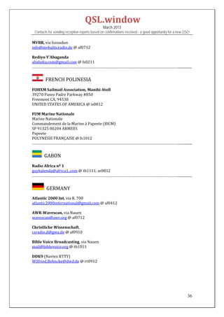 QSL.window	
                                                   March 2013
    Contacts for sending reception reports based on confirmations received - a good opportunity for a new QSL!

MVBR,	via	Issoudun	
info@mvbalticradio.de	@	af0712	
	
Rediyo	Y’Abaganda	
ababaka.com@gmail.com	@	fs0211	
……………………………………………………………………………………………………………………………................	


         		FRENCH	POLINESIA	
FOHXM	Sailmail	Association,	Manihi	Atoll	
39270	Paseo	Padre	Parkway	#850	
Freemont	CA,	94538	
UNITED	STATES	OF	AMERICA	@	is0812		
	
FUM	Marine	Nationale	
Marine	Nationale	
Commandement	de	la	Marine	à	Papeete	(BICM)	
SP	91325	00204	ARMEES	
Papeete	
POLYNESIE	FRANÇAISE	@	fs1012	
……………………………………………………………………………………………………………………………................	


        		GABON	
Radio	Africa	nº	1	
guykalenda@africa1,.com	@	tb1111,	ar0812	
……………………………………………………………………………………………………………………………................	
	
          		GERMANY	
	
Atlantic	2000	Int,	via	R.	700	
atlantic2000international@gmail.com	@	af0412	
	
AWR‐Wavescan,	via	Nauen	
wavescan@awr.org	@	af0712		
	
Christliche	Wissenschaft,		
csradio.d@gmx.de	@	af0910	
	
Bible	Voice	Broadcasting,	via	Nauen	
mail@biblevoice.org	@	tb1011	
	
DDK9	(Navtex	RTTY)	
Wilfried.Behncke@dwd.de	@	rr0912	
	
	
	
	
	

                                                                                                            36
 