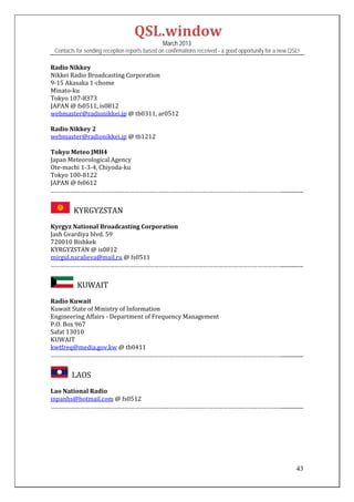 QSL.window	
                                                   March 2013
    Contacts for sending reception reports based on confirmations received - a good opportunity for a new QSL!

Radio	Nikkey	
Nikkei	Radio	Broadcasting	Corporation	
9‐15	Akasaka	1‐chome	
Minato‐ku	
Tokyo	107‐8373		
JAPAN	@	fs0511,	is0812	
webmaster@radionikkei.jp	@	tb0311,	ar0512	
	
Radio	Nikkey	2	
webmaster@radionikkei.jp	@	tb1212	
	
Tokyo	Meteo	JMH4	
Japan	Meteorological	Agency	
Ote‐machi	1‐3‐4,	Chiyoda‐ku	
Tokyo	100‐8122		
JAPAN	@	fs0612	
……………………………………………………………………………………………………………………………................	


          		KYRGYZSTAN	
Kyrgyz	National	Broadcasting	Corporation	
Jash	Gvardiya	blvd.	59	
720010	Bishkek	
KYRGYZSTAN	@	is0812	
mirgul.naralieva@mail.ru	@	fs0511	
……………………………………………………………………………………………………………………………................	


             KUWAIT
Radio	Kuwait	
Kuwait	State	of	Ministry	of	Information		
Engineering	Affairs	‐	Department	of	Frequency	Management	
P.O.	Box	967		
Safat	13010		
KUWAIT	
kwtfreq@media.gov.kw	@	tb0411	
……………………………………………………………………………………………………………………………................


         		LAOS	
Lao	National	Radio	
inpanhs@hotmail.com	@	fs0512	
……………………………………………………………………………………………………………………………................	

 
 
 
 


                                                                                                            43
 