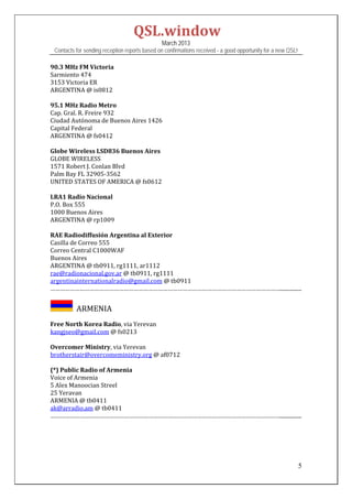 QSL.window	
                                                   March 2013
    Contacts for sending reception reports based on confirmations received - a good opportunity for a new QSL!

90.3	MHz	FM	Victoria	
Sarmiento	474	
3153	Victoria	ER	
ARGENTINA	@	is0812		
	
95.1	MHz	Radio	Metro	
Cap.	Gral.	R.	Freire	932	
Ciudad	Autónoma	de	Buenos	Aires	1426	
Capital	Federal	
ARGENTINA	@	fs0412	
	
Globe	Wireless	LSD836	Buenos	Aires	
GLOBE	WIRELESS	
1571	Robert	J.	Conlan	Blvd	
Palm	Bay	FL	32905‐3562		
UNITED	STATES	OF	AMERICA	@	fs0612	
	
LRA1	Radio	Nacional	
P.O.	Box	555	
1000	Buenos	Aires	
ARGENTINA	@	rp1009	
	
RAE	Radiodiffusión	Argentina	al	Exterior	
Casilla	de	Correo	555	
Correo	Central	C1000WAF		
Buenos	Aires	
ARGENTINA	@	tb0911,	rg1111,	ar1112	
rae@radionacional.gov.ar	@	tb0911,	rg1111	
argentinainternationalradio@gmail.com	@	tb0911	
……………………………………………………………………………………………………………………………................	
	
           		ARMENIA	
	
Free	North	Korea	Radio,	via	Yerevan	
kangjseo@gmail.com	@	fs0213	
	
Overcomer	Ministry,	via	Yerevan	
brotherstair@overcomeministry.org	@	af0712	
	
(*)	Public	Radio	of	Armenia		
Voice	of	Armenia	
5	Alex	Manoocian	Streel		
25	Yeravan	
ARMENIA	@	tb0411	
ak@arradio.am	@	tb0411	
……………………………………………………………………………………………………………………………................	
	
 
 
 

                                                                                                                 5
 