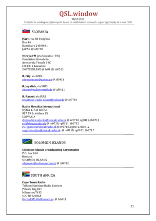 QSL.window	
                                                March 2013
 Contacts for sending reception reports based on confirmations received - a good opportunity for a new QSL!


      		SLOVAKIA	
JSWC,	via	DX	Partyline	
Box	44	
Kamakura	248‐8691	
JAPAN	@	af0710	
	
Miraya	FM	(via	Slovakia	‐	SW)	
Fondation	Hirondelle	
Avenue	du	Temple	19C	
CH‐1012	Lausanne	
SWITZERLAND	@	fs0410,	tb0511	
	
R.	City,	via	IRRS	
citymorecars@yahoo.ca	@	af0411	
	
R.	Joystick,	via	IRRS	
chapri@radiojoystick.de	@	af0411	
	
R.	Rasant,	via	IRRS	
redaktion_radio_rasant@yahoo.de	@	af0710	
	
Radio	Slovakia	International	
Mýtna	1,	P.O.	Box	55	
817	55	Bratislava	15	
SLOVAKIA	
drahoslava.valocka@slovakradio.sk	@	rr0710,	rg0811,	tb0712	
rsi@slovakradio.sk	@	rr0710,	rg0811,	tb0712	
rsi_spanish@slovakradio.sk	@	rr0710,	rg0811,	tb0712		
englishsection@slovakradio.sk		@	rr0710,	rg0811,	tb0712	
……………………………………………………………………………………………………………………………................
 

            SOLOMON	ISLANDS

Solomon	Islands	Broadcasting	Corporation	
P.O.	Box	654	
Honiara	
SOLOMON	ISLANDS		
sibcnews@solomon.com.sb	@	tb0912	
……………………………………………………………………………………………………………………………................	


        SOUTH	AFRICA	

Cape	Town	Radio	
Telkom	Maritime	Radio	Services	
Private	Bag	X01	
Milnerton	7435	
SOUTH	AFRICA	
GordoEM1@telkom.co.za		@	fs0611	

                                                                                                         55
 