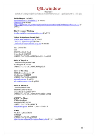 QSL.window	
                                                March 2013
 Contacts for sending reception reports based on confirmations received - a good opportunity for a new QSL!

Radio	Prague,	via	WMRI	
espanol@radio.cz,	cr@radio.cz	@	af0912	
cr@radio.cz	@	ar0812	
http://apps.wrmi.net/webform/?event=form.show&formId=9333&key=96ba446143	@	
ar0812	
	
The	Overcomer	Ministry	
brotherstair@overcomerministry.org	@	af0912	
	
United	States	Coast	Guard	NMG	
marine.weather@noaa.gov	@	fs0612	
CML‐DG‐CWO’s@uscg.mil	@	fs0612	
CamslantCWO’s@camslant.uscg.mil	@	rr1012	
	
VOA	Greenville	
IBB	
3919	VOA	Site	B	Road	
Grimesland,	NC	27837	
UNITED	STATES	OF	AMERICA	@	af0912,	rr1012	
	
Voice	of	America	
Cohen	Building,	Room	3166	
Washington	DC	20237	
UNITED	STATES	OF	AMERICA	@	rp0209	
	
Voice	of	America	
330	Independence	Ave	SW	
Washington	DC	20237	
UNITED	STATES	OF	AMERICA	
letters@voa.gov	@	rg0711	
askvoa@voanews.com	@	rg0711	
	
Voice	of	America	
Greenville	Emissions	
3913	VOA	Site	“B”	Road	
Grimesland,	NC	27837‐8977		
UNITED	STATES	OF	AMERICA	@	tb1211,	fs0412	
	
WBCQ	The	Planet	
274	Britton	Road	
Monticello	ME,	04760	
UNITED	STATES	OF	AMERICA	
wbcq@wbcq.com		@	fs0811,	tb1112,	is0113	
	
WHRI	
P.O.	Box	12,	South	Bend	
IN	46624	
UNITED	STATES	OF	AMERICA	
http://www.whr.org/Reception‐Report.cfm	@	rg1111,	rp0113	
	
	

                                                                                                         66
 