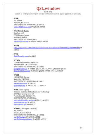 QSL.window	
                                                March 2013
 Contacts for sending reception reports based on confirmations received - a good opportunity for a new QSL!

WINB	
P.O.	Box	88	
Red	Lion,	PA	17356	
UNITED	STATES	OF	AMERICA	@	af0411	
winb40th@yahoo.com	@	rg0512,	af0712	
	
WLO	Mobile	Radio	
ShipCom	LLC	
7700	Rinia	Avvenue	
Mobile	AL	36619	
UNITED	STATES	OF	AMERICA	
info@shipcom.com	@	fs0212,	is0812,	rr1012	
	
WRMI	
http://apps.wrmi.net/webform/?event=form.show&formid=93338&key=9BBA446143	@	
ar0512	
	
WTJC	
fbn@fbnradio.com	@	ar0412	
	
WTWW	
1784	West	Northfield	Blvd	#305		
Murfreesboro	TN	37129‐1702	
UNITED	STATES	OF	AMERICA	@	is0812	
george@wtww.us	@	af0111,	rg0211,	fs0311,	ar0312,	tb1212,	rp0113	
dmcclin802@aol.com	@	af0111,	rg0211,	fs0311,	ar0312,	rp0113	
	
WWCR	
1300	WWCR	Avenue	
Nashville,	TN	37218	
UNITED	STATES	OF	AMERICA	@	tb0811	
wwcr@wwcr.com	@	rp0910	
qsl@wwcr.com	@	ar0712,	rg1112,	af0213	
	
WWV	(Time	signal)	
National	Institute	of	Standards	and	Technology	
2000	East	County	Road	58	
Fort	Collins,	CO	80524‐9499		
UNITED	STATES	OF	AMERICA	
nist.radio@boulder.nist.gov	@	fs0411,	ar1211	
inquires@nist.gov	@	af0912	
diretor@nist.gov.	@	af0912	
	
WWVH	(Time	signal	–	Hawaii)	
P.O.	Box	417	
Kekaha,	Hawaii	96752	
UNITED	STATES	OF	AMERICA	@	is0812	
wwvh@nist.gov	@	rg0410,	ar0512	
wwvh@boulder.nist.gov	@	rg0410,	ar0512	
	
	

                                                                                                         67
 