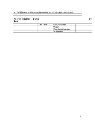 9 
• QC Manager – Attend training session and monitor weld test records. 
Implementation Dat e s S i g n Date 
Carl Smith Plant Draftsman 
Welder 
Weld Shop Foreman 
QC Manager 
