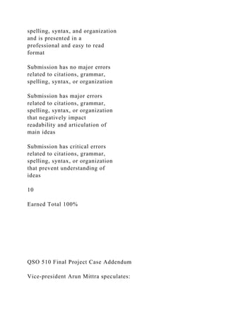 spelling, syntax, and organization
and is presented in a
professional and easy to read
format
Submission has no major errors
related to citations, grammar,
spelling, syntax, or organization
Submission has major errors
related to citations, grammar,
spelling, syntax, or organization
that negatively impact
readability and articulation of
main ideas
Submission has critical errors
related to citations, grammar,
spelling, syntax, or organization
that prevent understanding of
ideas
10
Earned Total 100%
QSO 510 Final Project Case Addendum
Vice-president Arun Mittra speculates:
 