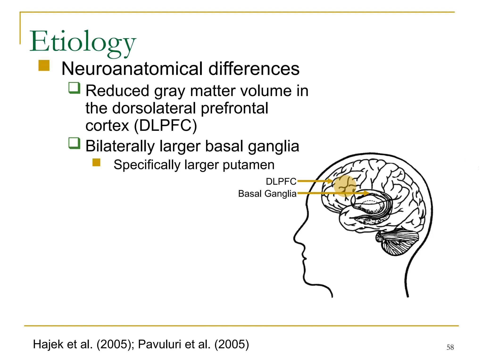 58
DLPFC
Basal Ganglia
 Neuroanatomical differences
 Reduced gray matter volume in
the dorsolateral prefrontal
cortex (DLPFC)
 Bilaterally larger basal ganglia
 Specifically larger putamen
Etiology
Hajek et al. (2005); Pavuluri et al. (2005)
 