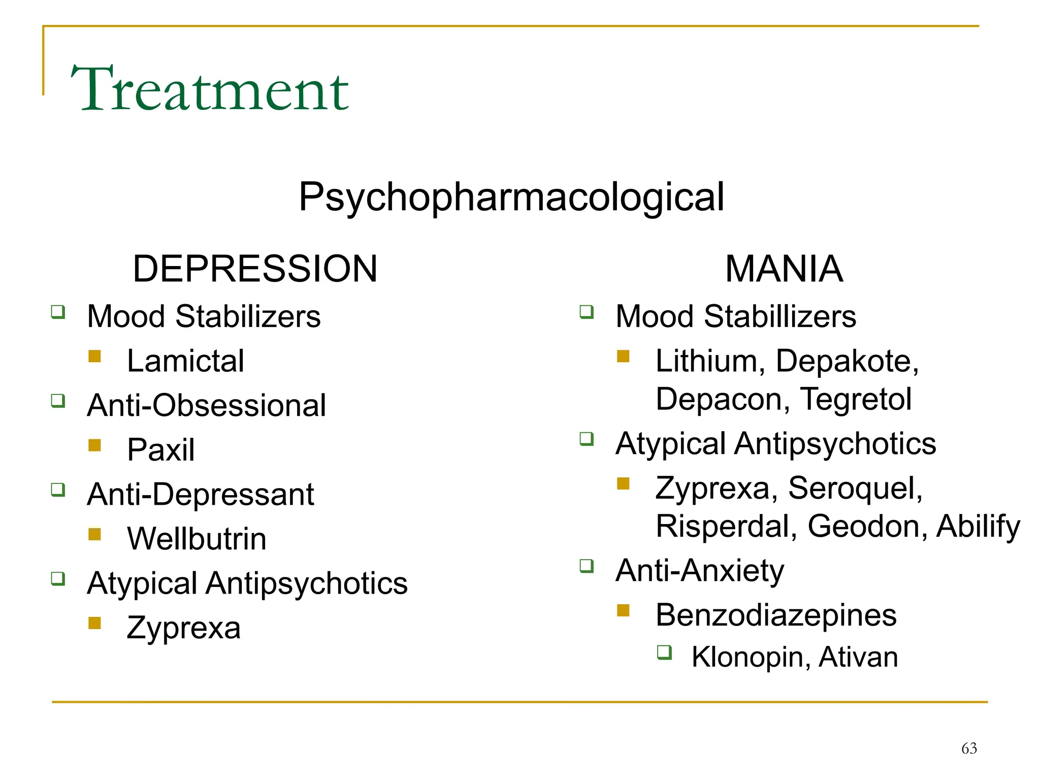 63
Treatment
DEPRESSION
 Mood Stabilizers
 Lamictal
 Anti-Obsessional
 Paxil
 Anti-Depressant
 Wellbutrin
 Atypical Antipsychotics
 Zyprexa
MANIA
 Mood Stabillizers
 Lithium, Depakote,
Depacon, Tegretol
 Atypical Antipsychotics
 Zyprexa, Seroquel,
Risperdal, Geodon, Abilify
 Anti-Anxiety
 Benzodiazepines
 Klonopin, Ativan
Psychopharmacological
 