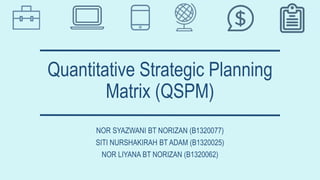 Quantitative Strategic Planning
Matrix (QSPM)
NOR SYAZWANI BT NORIZAN (B1320077)
SITI NURSHAKIRAH BT ADAM (B1320025)
NOR LIYANA BT NORIZAN (B1320062)
 