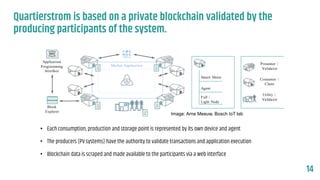 Quartierstrom is based on a private blockchain validated by the
producing participants of the system.
14
• Each consumptio...