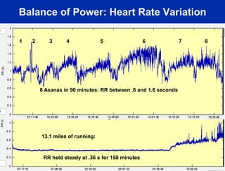 Balance of Power: Heart Rate Variation

1   2      3      4              5                 6            7   8




        8 Asanas in 90 minutes: RR between .6 and 1.6 seconds




        13.1 miles of running:

                                                                        5

         RR held steady at .36 s for 150 minutes
 