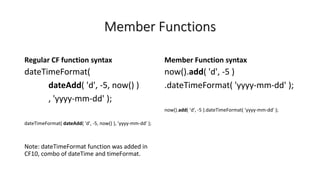 Member Functions
Regular CF function syntax
dateTimeFormat(
dateAdd( 'd', -5, now() )
, 'yyyy-mm-dd' );
dateTimeFormat( dateAdd( 'd', -5, now() ), 'yyyy-mm-dd' );
Note: dateTimeFormat function was added in
CF10, combo of dateTime and timeFormat.
Member Function syntax
now().add( 'd', -5 )
.dateTimeFormat( 'yyyy-mm-dd' );
now().add( 'd', -5 ).dateTimeFormat( 'yyyy-mm-dd' );
 