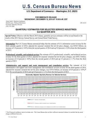 FOR IMMEDIATE RELEASE
WEDNESDAY, DECEMBER 10, 2014 AT 10:00 A.M. EST
Aidan Smith / Roderick Asekhauno
Harold Laney / Rebecca Hutchinson
Economic Indicators Division
(301) 763-2960
CB 14-223
QUARTERLY ESTIMATES FOR SELECTED SERVICE INDUSTRIES
3rd QUARTER 2014
Information The U.S. Census Bureau announced today that the estimate of U.S. information sector revenue for the
third calendar quarter of 2014, adjusted for seasonal variation but not for price changes, was $336.5 billion, an
increase of 1.0 percent (± 0.8%) from the second quarter of 2014 and up 5.0 percent (± 0.8%) from the third quarter
of 2013.
Professional, scientific, and technical services The estimate of U.S. professional, scientific, and technical services
revenue for the third quarter of 2014, adjusted for seasonal variation but not for price changes, was $383.3 billion,
an increase of 2.4 percent (± 0.8%) from the second quarter of 2014 and up 5.3 percent (± 1.7%) from the third
quarter of 2013.
Administrative and support and waste management and remediation services The estimate of U.S.
administrative and support and waste management and remediation services revenue for the third quarter of 2014,
adjusted for seasonal variation but not for price changes, was $193.4 billion, an increase of 0.9 percent (± 0.9%)*
from the second quarter of 2014 and up 6.0 percent (± 2.1%) from the third quarter of 2013.
0
25
50
75
100
125
150
175
200
225
250
275
300
325
350
375
400
425
450
475
2003
Q4
2004
Q2
2004
Q4
2005
Q2
2005
Q4
2006
Q2
2006
Q4
2007
Q2
2007
Q4
2008
Q2
2008
Q4
2009
Q2
2009
Q4
2010
Q2
2010
Q4
2011
Q2
2011
Q4
2012
Q2
2012
Q4
2013
Q2
2013
Q4
2014
Q2
Billionsofdollars
Seasonally Adjusted Quarterly Revenue for Selected Services
NAICS 51 - Information, seasonally adjusted
NAICS 54 - Professional, scientific, and technical services, seasonally adjusted
NAICS 56 - Administrative and support and waste management and remediation services, seasonally adjusted
* The 90 percent confidence interval includes zero. The Census Bureau does not have sufficient statistical evidence to conclude that the actual
change is different from zero.
Special Notice: Effective with the March 2015 release, quarterly services estimates will be revised based on the
results of the 2013 Service Annual Survey and Annual Retail Trade Survey.
US. Census Bureau 1
 
