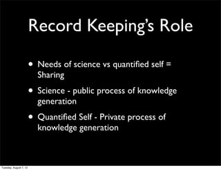 Record Keeping’s Role

                        • Needs of science vs quantiﬁed self =
                          Sharing
                        • Science - public process of knowledge
                          generation
                        • Quantiﬁed Self - Private process of
                          knowledge generation



Tuesday, August 7, 12
 