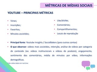 YOUTUBE – PRINCIPAIS MÉTRICAS
• Views;
• Inscrições;
• Favoritos;
• Minutos assistidos;
• Principal fonte: Youtube Insights / SocialBakers (para outras contas)
• O que observar: vídeos mais assistidos, retenção, análise de vídeos por categoria
de conteúdo (ex: vídeos institucionais x vídeos de produto), engajamento,
sentimento dos comentários, média de minutos por vídeo, informações
demográficas.
*não coleta dados em real time
• Like/dislike;
• Comentários;
• Compartilhamentos;
• Locais de reprodução
MÉTRICAS DE MÍDIAS SOCIAIS
 