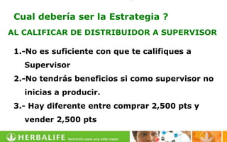 Cual debería ser la Estrategia ?
AL CALIFICAR DE DISTRIBUIDOR A SUPERVISOR

 1.-No es suficiente con que te califiques a
   Supervisor
 2.-No tendrás beneficios si como supervisor no
   inicias a producir.
 3.- Hay diferente entre comprar 2,500 pts y
   vender 2,500 pts
 
