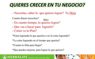 QUIERES CRECER EN TU NEGOCIO?
 - Necesitas, saber lo que quieres lograr? Tu Meta
 Cuanto dinero necesitas?
 - En cuanto tiempo, lo quieres lograr?
 - Que vas a hacer para lograrlo?
 - Como va tu Plan?
 *Estas logrando lo que querías o no lo estas logrando?
 *Lo estas logrando en el tiempo que querías?
 *Cuanto te falta para llegar?
 *Que puedes mejorar, para lograr lo que quieres?
 