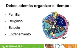 Debes además organizar el tiempo :

- Familiar
- Religioso
- Estudio
- Entrenamiento
 