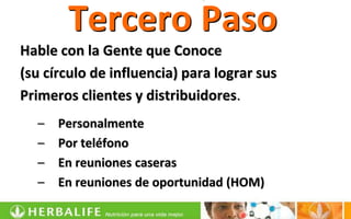 Tercero Paso
Hable con la Gente que Conoce
(su círculo de influencia) para lograr sus
Primeros clientes y distribuidores.
  –   Personalmente
  –   Por teléfono
  –   En reuniones caseras
  –   En reuniones de oportunidad (HOM)
 