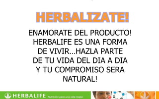 HERBALIZATE!
ENAMORATE DEL PRODUCTO!
 HERBALIFE ES UNA FORMA
  DE VIVIR…HAZLA PARTE
 DE TU VIDA DEL DIA A DIA
  Y TU COMPROMISO SERA
         NATURAL!
 