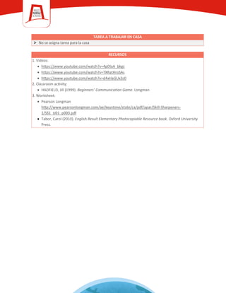 TAREA A TRABAJAR EN CASA
 No se asigna tarea para la casa
RECURSOS
1. Videos:
• https://www.youtube.com/watch?v=4pDlaA_bkgc
• https://www.youtube.com/watch?v=TXRatHroSAs
• https://www.youtube.com/watch?v=d4xHaGUx3c0
2. Classroom activity:
• HADFIELD, Jill (1999). Beginners’ Communication Game. Longman
3. Worksheet:
• Pearson Longman
http://www.pearsonlongman.com/ae/keystone/state/ca/pdf/apar/Skill-Sharpeners-
1/SS1_U01_p003.pdf
• Tabor, Carol (2010). English Result Elementary Photocopiable Resource book. Oxford University
Press.
 