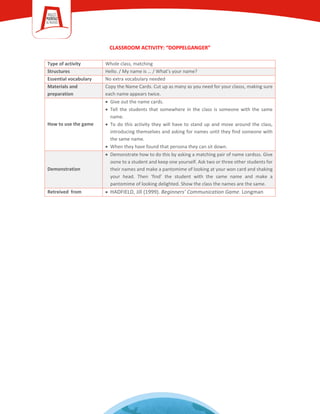 CLASSROOM ACTIVITY: “DOPPELGANGER”
Type of activity Whole class, matching
Structures Hello. / My name is … / What’s your name?
Essential vocabulary No extra vocabulary needed
Materials and
preparation
Copy the Name Cards. Cut up as many as you need for your classs, making sure
each name appears twice.
How to use the game
• Give out the name cards.
• Tell the students that somewhere in the class is someone with the same
name.
• To do this activity they will have to stand up and move around the class,
introducing themselves and asking for names until they find someone with
the same name.
• When they have found that persona they can sit down.
Demonstration
• Demonstrate how to do this by asking a matching pair of name cardsss. Give
oone to a student and keep one yourself. Ask two or three other students for
their names and make a pantomime of looking at your won card and shaking
your head. Then ‘find’ the student with the same name and make a
pantomime of looking delighted. Show the class the names are the same.
Retreived from • HADFIELD, Jill (1999). Beginners’ Communication Game. Longman
 