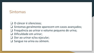Sintomas
❏ O câncer é silencioso;
❏ Sintomas geralmente aparecem em casos avançados;
❏ Frequência ao urinar e volume pequeno de urina;
❏ Dificuldade em urinar;
❏ Dor ao urinar e/ou ejacular;
❏ Sangue na urina ou sêmem.
 