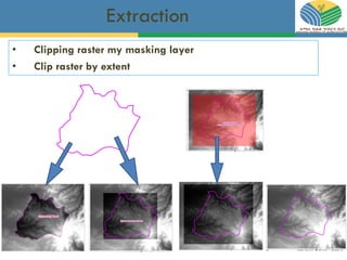 Extraction
• Clipping raster my masking layer
• Clip raster by extent
 