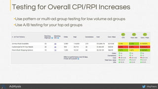 •Use pattern or multi-ad group testing for low volume ad groups
•Use A/B testing for your top ad groups
@bgTheory
Testing for Overall CPI/RPI Increases
AdAlysis
 