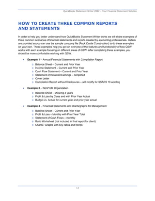 QuickBooks Statement Writer 2012 – Your Financial Statement Solution




HOW TO CREATE THREE COMMON REPORTS
AND STATEMENTS
In order to help you better understand how QuickBooks Statement Writer works we will share examples of
three common scenarios of financial statements and reports created by accounting professionals. Details
are provided so you can use the sample company file (Rock Castle Construction) to do these examples
on your own. These examples help you get an overview of the features and functionality of how QSW
works with each example focusing on different areas of QSW. After completing these examples, you
should be more comfortable working with QSW.

      Example 1 – Annual Financial Statements with Compilation Report
           o   Balance Sheet – Current and Prior Year
           o   Income Statement – Current and Prior Year
           o   Cash Flow Statement – Current and Prior Year
           o   Statement of Retained Earnings – Simplified
           o   Cover Letter
           o   Compilation Report without Disclosures – will modify for SSARS 19 wording

      Example 2 – NonProfit Organization
           o Balance Sheet – showing 3 years
           o Profit & Loss by Class and with Prior Year Actual
           o Budget vs. Actual for current year and prior year actual

      Example 3 – Financial Statements and charts/graphs for Management
           o   Balance Sheet – Current and Prior Year
           o   Profit & Loss – Monthly with Prior Year Total
           o   Statement of Cash Flows – monthly
           o   Ratio Worksheet (not included in final report for client)
           o   Charts / Graphs with key ratios and trends




                                                     13
 