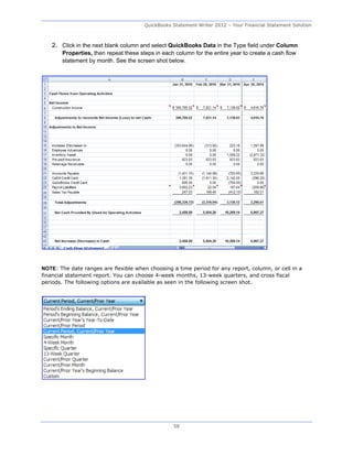 QuickBooks Statement Writer 2012 – Your Financial Statement Solution



   2. Click in the next blank column and select QuickBooks Data in the Type field under Column
       Properties, then repeat these steps in each column for the entire year to create a cash flow
       statement by month. See the screen shot below.




NOTE: The date ranges are flexible when choosing a time period for any report, column, or cell in a
financial statement report. You can choose 4-week months, 13-week quarters, and cross fiscal
periods. The following options are available as seen in the following screen shot.




                                                  58
 