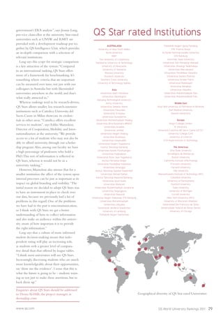 www.qs.com QS World University Rankings 2011 29
government’s ERA analysis”, says Jennie Lang,
pro-vice chancellor at the university. Star-rated
universities such as UNSW and RMIT are
provided with a development roadmap put to-
gether by QS Intelligence Unit, which provides
an in-depth comparison with a selection of
relevant institutions.
Lang says this scope for strategic comparison
is a key attraction of the system:“Compared
to an international ranking, QS Stars offers
more of a framework for benchmarking. It’s
something where criteria that are important
can be measured over time, not just with our
colleagues in Australia but with likeminded
universities anywhere in the world, and that’s
what really attracted us.”
Whereas rankings tend to be research-driven,
QS Stars allows smaller, less research-intensive
institutions such as Cattolica Universita del
Sacro Cuore in Milan showcase its creden-
tials in other areas.“Cattolica offers excellent
services to students”, says Edilio Mazzoleni,
Director of Cooperation, Mobility and Inter-
nationalization at the university.“We provide
access to a lot of students who may not also be
able to afford university, through our scholar-
ship program.Also, among our faculty we have
a high percentage of professors who hold a
PhD.This sort of information is reﬂected in
QS Stars, whereas it would not be in a
university ranking.”
However, Mazzoleni also stresses that for a
smaller institution the affect of the system upon
internal processes can be just as important as its
impact on global branding and visibility.“The
initial reason we decided to adopt QS Stars was
to have an instrument in place to check over
our data, because we previously had a lot of
problems in this regard. One of the problems
we have had in the past is miscommunication,
so I think with QS Stars we get a better
understanding of how to collect information
and also make an audience within the univer-
sity aware of how important it is to provide
the right information.”
Lang says that a culture of more informed
student decision-making means that inde-
pendent rating will play an increasing role,
as students seek a greater level of compara-
tive detail than that offered by league tables.
“I think most universities will use QS Stars.
Increasingly, discerning students who are much
more knowledgeable about their opportunities,
say ‘show me the evidence’. I sense that this is
what the future is going to be - students want-
ing us not just to make these assertions, but to
back them up.”
Enquiries about QS Stars should be addressed
to Deena Al-Hilli, the project manager, at
deena@qs.com.
QS Star rated Institutions
Geographical diversity of QS Star rated Universities
AUSTRALASIA
University of New South Wales
Bond University
RMIT
The University of Canterbury
Swinburne University of Technology
University of Newcastle
University of Tasmania
Massey University
Murdoch University
Southern Cross University
University of Technology Sydney
Asia
Universitas Islam Indonesia
Universitas Diponegoro
Nanyang Technological University
Amity University
Universitas Sebelas Maret
Universitas Pasundan
Universitas Sriwijaya
Universitas Gunadarma
Universitas Muhammadiyah Malang
Universitas Bina Nusantara (BINUS)
Universitas Andalas
Universitas Jember
Universitas Negeri Malang
Universitas Brawijaya
Universitas Hasanuddin
Universitas Negeri Yogyakarta
Institut Teknologi Bandung
Universitas Katolik Parahyangan
Universitas Padjadjaran
Universitas Atma Jaya Yogyakarta
Institut Pertanian Bogor
Universitas Pendidikan Indonesia
Universitas Airlangga
Institut Teknologi Sepuluh Nopember
Universitas Ahmad Dahlan
Institut Teknologi Nasional Bandung
Universitas Syiah Kuala
Universitas Mataram
Universitas Muhammadiyah Surakarta
Universitas Tanjungpura
Universitas Nasional
Universitas Negeri Makassar STSI Bandung
Universitas Muhammadiyah
Universitas Udayana
Universitas Jenderal Soedirman
University of Lampung
Politeknik Negeri Samarinda
Politeknik Negeri Ujung Pandang
STIE Triatma Mulya
Al-Farabi National Kazakh University
STSI Bandung
Gorontalo State University
Universitas Sam Ratulangi Manado
Universitas Siliwangi Tasikmalaya
Universitas Mercubuana
Universitas Pendidikan Ganesha
Universitas Sanata Dharma
Universitas Kristen Petra
Universitas Malahayati
Universitas Bengkulu
Universitas Haluoleo
Universitas Muhammadiyah Palu
Universitas Muhammadiyah Palu
Middle East
King Fahd University of Petroleum & Minerals
Gulf Medical University
Qassim Universitty
Europe
King’s College London
IE University
Università Cattolica del Sacro Cuore (UCSC)
University College Cork
University of Limerick
KTH Royal Institute of Technology
The Americas
Ohio State University
Tecnológico de Monterrey
Boston University
Californiia Institute ofTechnology
Princeton University
Harvard University
Yale University
Massachusetts Institute of Technology (MIT)
Columbia University
University of Pennsylvania
Stanford University
Duke University
University of Michigan
Cornell University
New York University (NYU)
University of Wisconsin-Madison
Universidad San Francisco de Quito
Universidade Federal de Minas Gerais
University of Chicago
 