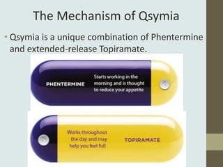 The Mechanism of Qsymia
• Qsymia is a unique combination of Phentermine
  and extended-release Topiramate.
 