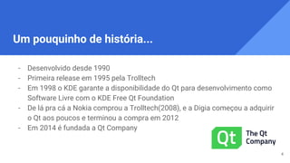 Um pouquinho de história...
- Desenvolvido desde 1990
- Primeira release em 1995 pela Trolltech
- Em 1998 o KDE garante a disponibilidade do Qt para desenvolvimento como
Software Livre com o KDE Free Qt Foundation
- De lá pra cá a Nokia comprou a Trolltech(2008), e a Digia começou a adquirir
o Qt aos poucos e terminou a compra em 2012
- Em 2014 é fundada a Qt Company
4
 