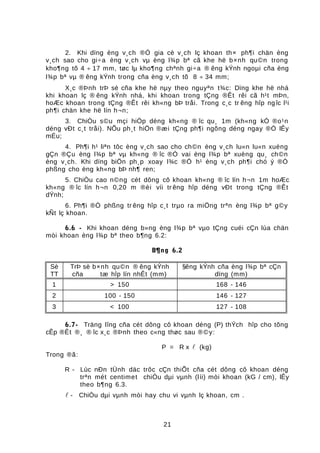 2. Khi dïng èng v¸ch ®Ó gia cè v¸ch lç khoan th× ph¶i chän èng
v¸ch sao cho gi÷a èng v¸ch vµ èng l¾p bª cã khe hë b×nh qu©n trong
kho¶ng tõ 4 ÷ 17 mm, tøc lµ kho¶ng chªnh gi÷a ® êng kÝnh ngoµi cña èng
l¾p bª vµ ® êng kÝnh trong cña èng v¸ch tõ 8 ÷ 34 mm;
X¸c ®Þnh trÞ sè cña khe hë nµy theo nguyªn t¾c: Dïng khe hë nhá
khi khoan lç ® êng kÝnh nhá, khi khoan trong tÇng ®Êt rêi cã h¹t mÞn,
hoÆc khoan trong tÇng ®Êt rêi kh«ng bÞ tråi. Trong c¸c tr êng hîp ngîc l¹i
ph¶i chän khe hë lín h¬n;
3. ChiÒu s©u mçi hiÖp déng kh«ng ® îc qu¸ 1m (kh«ng kÓ ®o¹n
déng vÐt c¸t tråi). NÕu ph¸t hiÖn ®æi tÇng ph¶i ngõng déng ngay ®Ó lÊy
mÉu;
4. Ph¶i h¹ liªn tôc èng v¸ch sao cho ch©n èng v¸ch lu«n lu«n xuèng
gÇn ®Çu èng l¾p bª vµ kh«ng ® îc ®Ó vai èng l¾p bª xuèng qu¸ ch©n
èng v¸ch. Khi dïng biÖn ph¸p xoay l¾c ®Ó h¹ èng v¸ch ph¶i chó ý ®Ó
phßng cho èng kh«ng bÞ nh¶ ren;
5. ChiÒu cao n©ng cét dông cô khoan kh«ng ® îc lín h¬n 1m hoÆc
kh«ng ® îc lín h¬n 0,20 m ®èi víi tr êng hîp déng vÐt trong tÇng ®Êt
dÝnh;
6. Ph¶i ®Ò phßng tr êng hîp c¸t trµo ra miÖng trªn èng l¾p bª g©y
kÑt lç khoan.
6.6 - Khi khoan déng b»ng èng l¾p bª vµo tÇng cuéi cÇn lùa chän
mòi khoan èng l¾p bª theo b¶ng 6.2:
B¶ng 6.2
Sè
TT
TrÞ sè b×nh qu©n ® êng kÝnh
cña tæ hîp lín nhÊt (mm)
§êng kÝnh cña èng l¾p bª cÇn
dïng (mm)
1 > 150 168 - 146
2 100 - 150 146 - 127
3 < 100 127 - 108
6.7- Träng lîng cña cét dông cô khoan déng (P) thÝch hîp cho tõng
cÊp ®Êt ®¸ ® îc x¸c ®Þnh theo c«ng thøc sau ®©y:
P = R x  (kg)
Trong ®ã:
R - Lùc nÐn tÜnh däc trôc cÇn thiÕt cña cét dông cô khoan déng
trªn mét centimet chiÒu dµi vµnh (lìi) mòi khoan (kG / cm), lÊy
theo b¶ng 6.3.
 - ChiÒu dµi vµnh mòi hay chu vi vµnh lç khoan, cm .
21
 