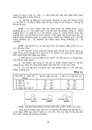 trong c¸c líp c¸t bét, c¸t nhá, c¸t võa chÆt chÏ, sÐt nöa cøng ®Õn cøng
theo híng dÉn ë ®iÒu 10.2.3.
3. Cã thÓ sö dông lo¹i mòi khoan hîp kim tù mµi ®Ó khoan trong
c¸c líp ®Êt ®¸ tõ cÊp VI ®Õn cÊp VIII vµ tíi cÊp IX khi trong ®¸ kh«ng cã
lÉn th¹ch anh.
6.28 - C¸c mòi khoan hîp kim ®Òu ph¶i cã miÖng tho¸t níc ë
kho¶ng gi÷a c¸c r¨ng hoÆc côm r¨ng hîp kim. Khi khoan trong ®¸ mÒm
miÖng tho¸t níc ph¶i lín h¬n khi khoan trong ®¸ cøng. H×nh d¹ng cña
miÖng tho¸t níc cã thÓ lµ h×nh thang, h×nh vßm hay h×nh tam gi¸c cã
®Ønh lÖch vÒ phÝa ngîc víi chiÒu xoay, chiÒu cao miÖng tho¸t níc lÊy
trong kho¶ng 10 - 15 milimÐt vµ chiÒu réng trong kho¶ng 12 - 15
milimÐt.
6.29 - Khi bè trÝ c¸c h¹t hîp kim trªn mòi khoan ph¶i tho¶ m·n c¸c
yªu cÇu sau ®©y:
1. H¹t hîp kim trong cïng mét hµng ph¶i cã ®é nh« b»ng nhau vµ
®Æt ®ïng vÞ trÝ trong h×nh vµnh kh¨n ®· ®Þnh. C¸c vµnh kh¨n nµy ph¶i
liÒn nhau hoÆc lÊn mÐp vµo nhau;
2. Ph¶i bè trÝ xen kÏ hoÆc lu©n phiªn h¹t hîp kim ë c¸c hµng theo
mét thø tù nhÊt ®Þnh;
3. Khi khoan vµo tÇng ®¸ bÞ nøt nÎ nhiÒu hoÆc tÇng ®¸ cã ®é
cøng kh«ng ®Òu nªn dïng mòi khoan g¾n hîp kim víi ®é nh« nhá;
4. C¸c h¹t hîp kim ® îc g¾n vµo mòi khoan theo c¸c ®é xiªn quy
®Þnh ë b¶ng 6.6.
B¶ng 6.6
CÊp ®Êt ®¸ theo ®é
khoan
§é xiªn gãc c¾t (β) §é v¸t h¹t hîp kim (α)
- §¸ cÊp III 70° - 75° 50° - 65°
- §¸ cÊp IV - VI 75° - 80° 60° - 70°
- §¸ cÊp VII 80° - 90° 70° - 80°
- §¸ cøng võa, nøt nÎ 90° - 100 ° 80° - 975 °
6.30- Khi dïng mòi khoan hîp kim ph¶i chó ý ®Õn ®iÒu sau ®©y:
Ph¶i hµn l¹i hoÆc thay thÕ c¸c h¹t hîp kim bÞ háng hay bÞ nøt vì tr -
íc khi dïng. Ph¶i mµi röa l¹i mÆt v¸t, ®é xiªn, ®é nh« cña h¹t hîp kim khi
ph¸t hiÖn chóng bÞ cïn hay sai lÖch.
26
α
αα
β
ββ
 