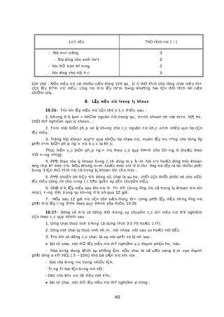 Lo¹i nÉu ThÓ tÝch níc (  )
- Níc m«i trêng
- Níc dïng cho sinh ho¹t
- Níc ®Ó trén bª t«ng
- Níc dïng cho nåi h¬i
3
2
2
3
Ghi chó : NÕu mÉu níc cã nhiÒu cÆn l¾ng (Vît qu¸ 1/ 5 thÓ tÝch cña tõng chai mÉu th×
cÇn lÊy thªm níc mÉu. Lîng níc ® îc lÊy thªm b»ng kho¶ng hai lÇn thÓ tÝch bÞ cÆn
chiÕm chç.
D. LÊy mÉu n íc trong lç khoan
10.26- Tríc khi lÊy mÉu níc cÇn chó ý c¸c ®iÒu sau :
1. Kh«ng ® îc lµm « nhiÔm nguån níc trong qu¸ tr×nh khoan nh næ m×n, th¶ ho¸
chÊt thÝ nghiÖm vµo lç khoan...;
2. T×m mäi biÖn ph¸p xö lý kh«ng cho c¸c nguån n íc kh¸c x©m nhËp vµo líp cÇn
lÊy mÉu;
3. Trêng hîp khoan xuyªn qua nhiÒu líp chøa n íc, muèn lÊy níc riªng cho tõng líp
ph¶i t×m biÖn ph¸p ng¨n níc ë c¸c íp kh¸c;
Thùc hiÖn c¸c biÖn ph¸p ng¨n níc theo c¸c quy ®Þnh cña Ch¬ng 8 (hoÆc theo
®Ò c¬ng riªng);
4. Ph¶i thau röa lç khoan b»ng c¸ch dïng m¸y b¬m hót c¹n hoÆc dïng mòi khoan
èng l¾p bª móc c¹n. NÕu kh«ng b¬m hoÆc móc c¹n ® îc th× lîng níc lÊy ra tèi thiÓu ph¶i
b»ng 3 lÇn thÓ tÝch níc cã trong lç khoan lóc cha móc ;
5. Ph¶i chuÈn bÞ ®Çy ®ñ dông cô, chai lä vµ ho¸ chÊt cÇn thiÕt phôc vô cho viÖc
lÊy mÉu còng nh cho c«ng t¸c b¶o qu¶n vµ vËn chuyÓn mÉu;
6. ChØ ® îc lÊy mÉu sau khi níc ®· lªn ®ñ (b»ng lîng níc cã trong lç khoan tr íc khi
móc), t¬ng ®èi trong vµ kh«ng ® îc vît qua 12 giê;
7. NÕu sau 12 giê níc vÉn cßn cÆn l¾ng th× còng ph¶i lÊy mÉu nh ng lîng níc
ph¶i ® îc lÊy t¨ng thªm theo quy ®Þnh cña ®iÒu 10.26
10.27- Dông cô ® îc sö dông ®Ó ®ùng vµ chuyÓn c¸c lo¹i mÉu n íc thÝ nghiÖm
cÇn theo c¸c quy ®Þnh sau :
1. Dïng chai thuû tinh tr¾ng cã dung tÝch 0,5 lÝt hoÆc 1 lÝt;
2. Dïng nót chai lµ thuû tinh nh¸m, nót nhùa, nót cao su hoÆc nót bÊc;
3. Tríc khi sö dông c¸c chai, lä vµ nót ph¶i xö lý nh sau :
• §èi víi chai, nót ®Ó lÊy mÉu níc thÝ nghiÖm c¸c thµnh phÇn ho¸ häc:
- Röa b»ng dung dÞch xµ phßng Êm, nÕu chai lä cã cÆn cøng b¸m vµo thµnh
ph¶i dïng a xÝt HCL ( 5 ÷ 10%) khö bá cÆn tríc khi röa .
- Sóc röa b»ng níc trong nhiÒu lÇn;
- Tr¸ng l¹i hai lÇn b»ng níc cÊt;
- Dèc cho kh« níc råi ®Ëy nót kÝn;
• §èi víi chai, nót ®Ó lÊy mÉu níc thÝ nghiÖm vi trïng ;
48
 