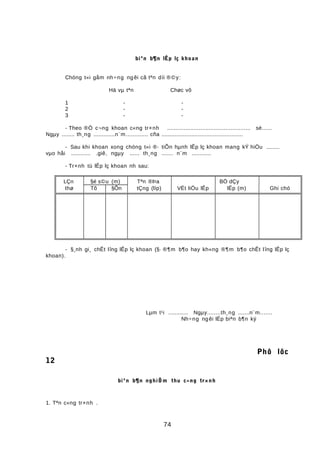 biªn b¶n lÊp lç khoan
Chóng t«i gåm nh÷ng ng êi cã tªn díi ®©y:
Hä vµ tªn Chøc vô
1 - -
2 - -
3 - -
- Theo ®Ò c¬ng khoan c«ng tr×nh .................................................. sè......
Ngµy ........ th¸ng .............n¨m............. cña .................................................
- Sau khi khoan xong chóng t«i ®· tiÕn hµnh lÊp lç khoan mang kÝ hiÖu ........
vµo håi ............ .giê, ngµy ...... th¸ng ....... n¨m ............
- Tr×nh tù lÊp lç khoan nh sau:
LÇn §é s©u (m) Tªn ®Þa BÒ dÇy
thø Tõ §Õn tÇng (líp) VËt liÖu lÊp lÊp (m) Ghi chó
- §¸nh gi¸ chÊt lîng lÊp lç khoan (§· ®¶m b¶o hay kh«ng ®¶m b¶o chÊt lîng lÊp lç
khoan).
Lµm t¹i ............ Ngµy........th¸ng .......n¨m.......
Nh÷ng ngêi lËp biªn b¶n ký
Phô lôc
12
biªn b¶n nghiÖm thu c«ng tr×nh
1. Tªn c«ng tr×nh .
74
 