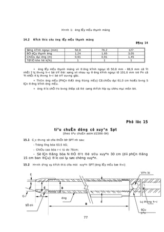 H×nh 1- èng lÊy mÉu thµnh máng
14.2 KÝch th íc cña èng lÊy mÉu thµnh máng
B¶ng 14
§êng kÝnh ngoµi (mm) 50,8 76,2 127
BÒ dÇy thµnh èng 1,24 1,65 3,05
ChiÒu dµi èng (m) 0,91 0,91 1,45
TØ lÖ khe hë k(%) 1 1 1
+ èng lÊy mÉu thµnh máng víi ® êng kÝnh ngoµi tõ 50,8 mm - 88,9 mm cã Ýt
nhÊt 2 lç th«ng h¬i bè trÝ ®èi xøng víi nhau vµ ® êng kÝnh ngoµi tõ 101,6 mm trë lªn cã
Ýt nhÊt 4 lç th«ng h¬i bè trÝ vu«ng gãc.
+ Th©n èng mÉu (PhÇn ®Æt èng ®ùng mÉu) Cã chiÒu dµi 61,0 cm hoÆc b»ng 5
lÇn ® êng kÝnh èng mÉu.
+ èng ® îc chÕ t¹o b»ng thÐp cã ®é cøng thÝch hîp vµ chÞu mµi mßn tèt.
Phô lôc 15
tiªu chuÈn dông cô xuyªn Spt
(theo tiªu chuÈn astm:d1586- 84)
15.1 C¸c th«ng sè cña thiÕt bÞ SPT nh sau:
- Träng lîng bóa 63,5 kG;
- ChiÒu cao bóa r¬i tù do 76cm;
- Sè lÇn ®ãng bóa N ®Ó ®¹t ®é s©u xuyªn 30 cm (d íi phÇn ®ãng
15 cm ban ®Çu) ® îc coi lµ søc chèng xuyªn.
15.2 H×nh d¹ng vµ kÝch th íc cña mòi xuyªn SPT (èng lÊy mÉu bæ ®«i)
77
DC
E
AG
Viªn bi
Lç th«ng h¬iF
§Õ díi
èng
B
§Çu
trªn
 