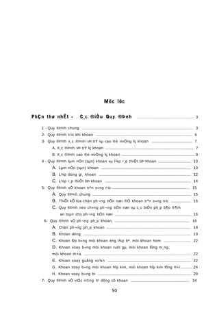 Môc lôc
PhÇn thø nhÊt - C¸c ®iÒu Quy ®Þnh .................................................... 3
1 - Quy ®Þnh chung ............................................................................................................ 3
2- Quy ®Þnh tríc khi khoan ............................................................................................. 6
3- Quy ®Þnh x¸c ®Þnh vÞ trÝ vµ cao ®é miÖng lç khoan ....................................... 7
A. X¸c ®Þnh vÞ trÝ lç khoan ..................................................................................... 7
B. X¸c ®Þnh cao ®é miÖng lç khoan ...................................................................... 9
4 - Quy ®Þnh lµm nÒn (sµn) khoan vµ l¾p r¸p thiÕt bÞ khoan ................................ 10
A. Lµm nÒn (sµn) khoan ....................................................................................... 10
B. L¾p dùng gi¸ khoan ......................................................................................... 12
C. L¾p r¸p thiÕt bÞ khoan ................................................................................... 14
5- Quy ®Þnh vÒ khoan trªn s«ng níc ........................................................................... 15
A. Quy ®Þnh chung ................................................................................................ 15
B. ThiÕt kÕ lùa chän ph ¬ng tiÖn næi ®Ó khoan trªn s«ng níc ................... 16
C. Quy ®Þnh neo ch»ng ph ¬ng tiÖn næi vµ c¸c biÖn ph¸p b¶o ®¶m
an toµn cho ph ¬ng tiÖn næi ......................................................................... 16
6- Quy ®Þnh vÒ ph ¬ng ph¸p khoan ......................................................................... 18
A. Chän ph¬ng ph¸p khoan .................................................................................. 18
B. Khoan déng ........................................................................................................ 19
C. Khoan Ðp b»ng mói khoan èng l¾p bª, mòi khoan hom .......................... 22
D. Khoan xoay b»ng mòi khoan ruét gµ, mòi khoan lßng m¸ng,
mòi khoan th×a ....................................................................................................... 22
E. Khoan xoay guång xo¾n ................................................................................ 22
G. Khoan xoay b»ng mòi khoan hîp kim, mòi khoan hîp kim lßng ®«i ...........24
H. Khoan xoay b»ng bi .......................................................................................... 29
7- Quy ®Þnh vÒ viÖc n©ng h¹ dông cô khoan ......................................................... 34
90
 